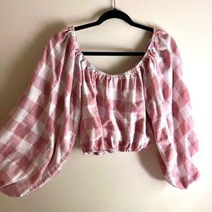 Honeydove Vintage pink gingham long sleeve puff top